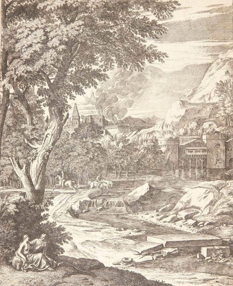Flodlandskab med et par siddende under et træ, i baggrunden en rytter og en mand, der vander sine heste by Théodore