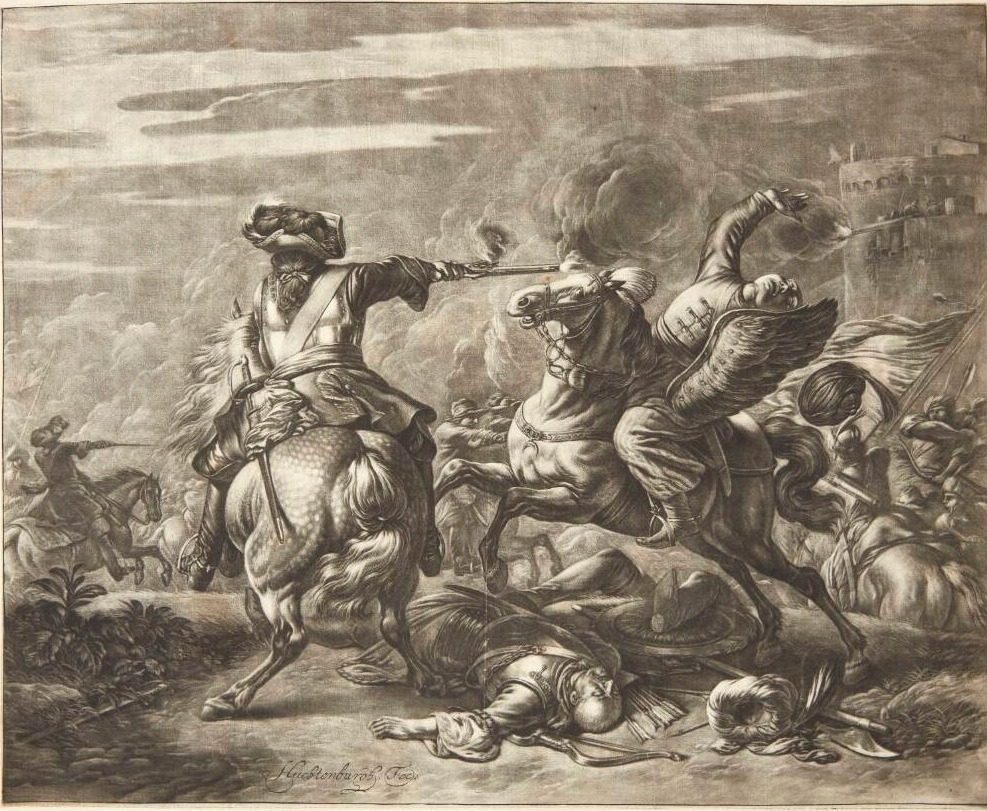 Rytterfægtning ved en borg by Jan van Huchtenburg