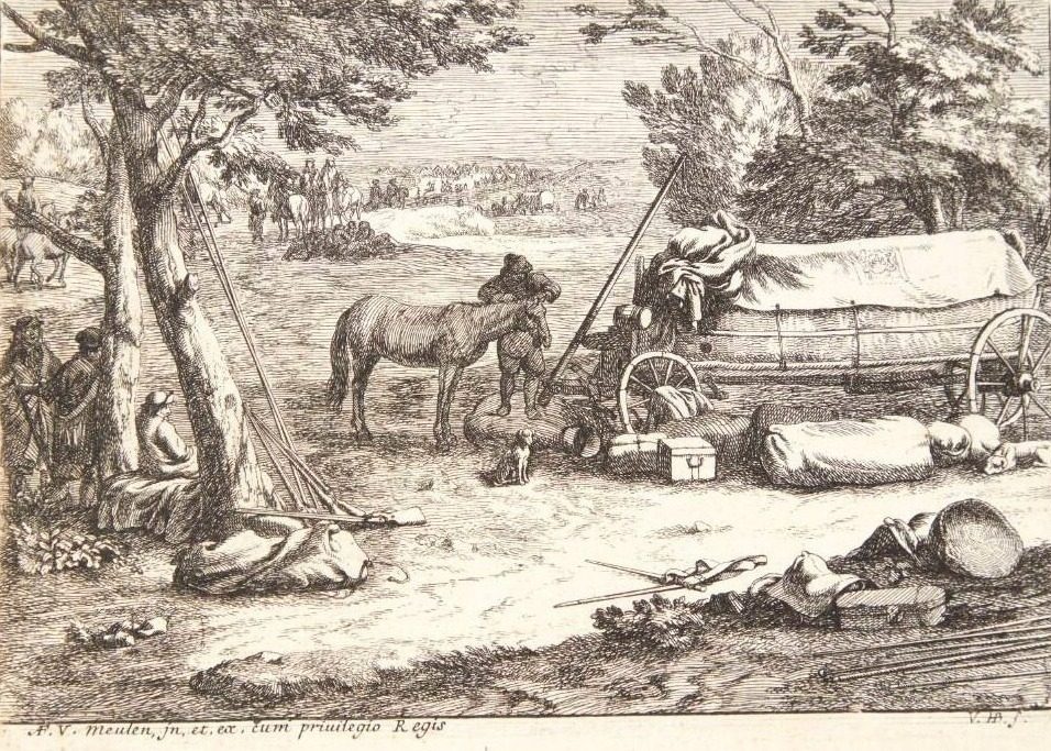 Hvilende soldater, en mand stående ved en hest og en fraspændt vogn by Jan van Huchtenburg