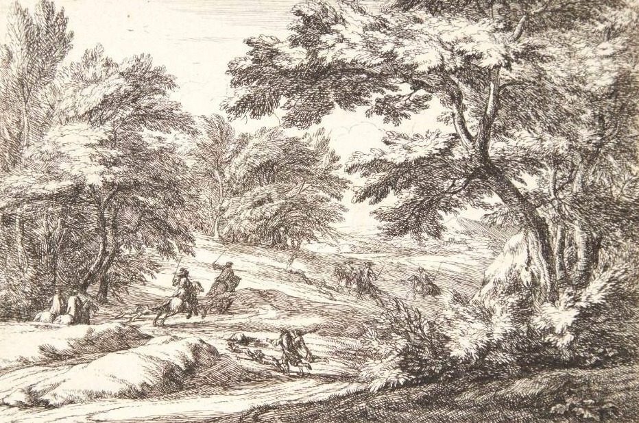 Landskab med mænd på bukkejagt by Jan van Huchtenburg