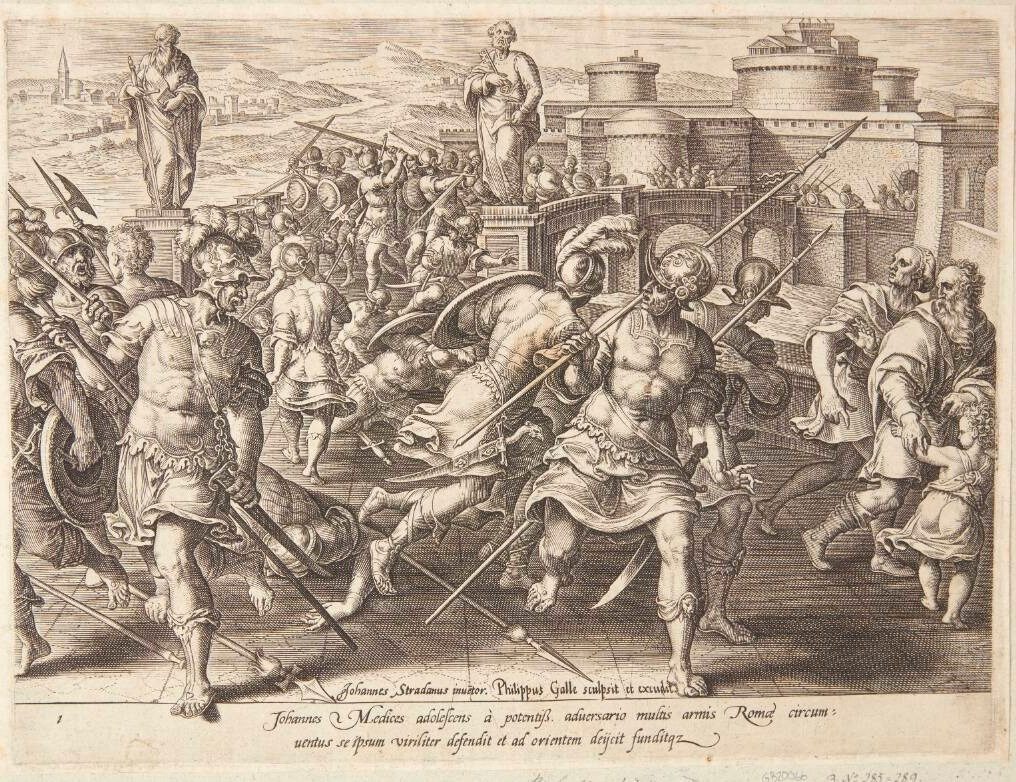 Giovanni de' Medici belejret i Rom by Philips Galle