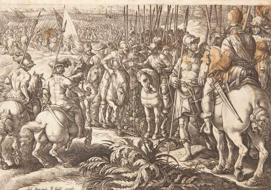 Giovanni de' Medici hjemsender de schweiziske lejetropper by Hendrick Goltzius