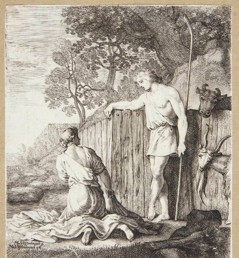 Vaskekone og hyrde ved en bæk by Moyses van Wtenbrouck