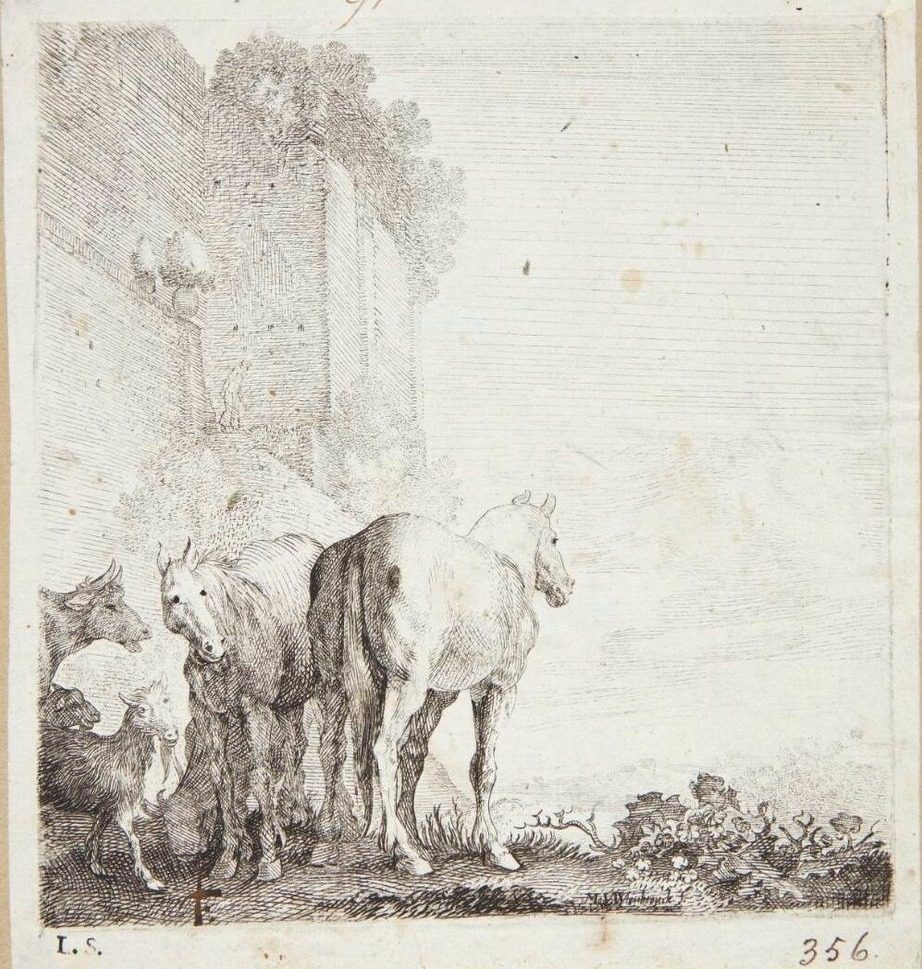 Heste, en ko og geder nær en høj mur by Moyses van Wtenbrouck