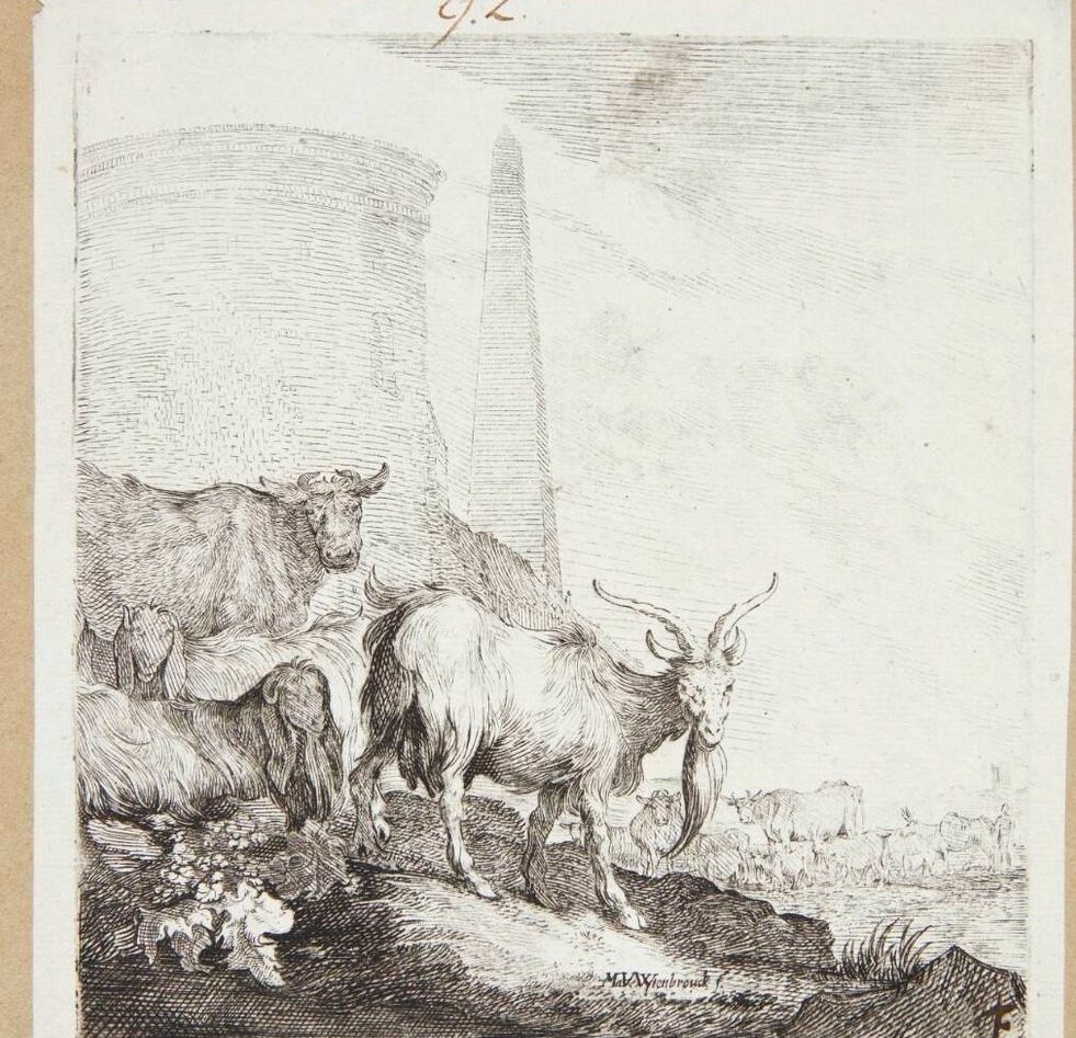 Geder og en ko ved et rundt tårn by Moyses van Wtenbrouck
