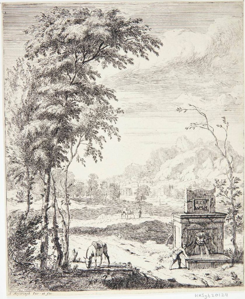 Landskab med en fontæne og et æsel by Albert Meyering