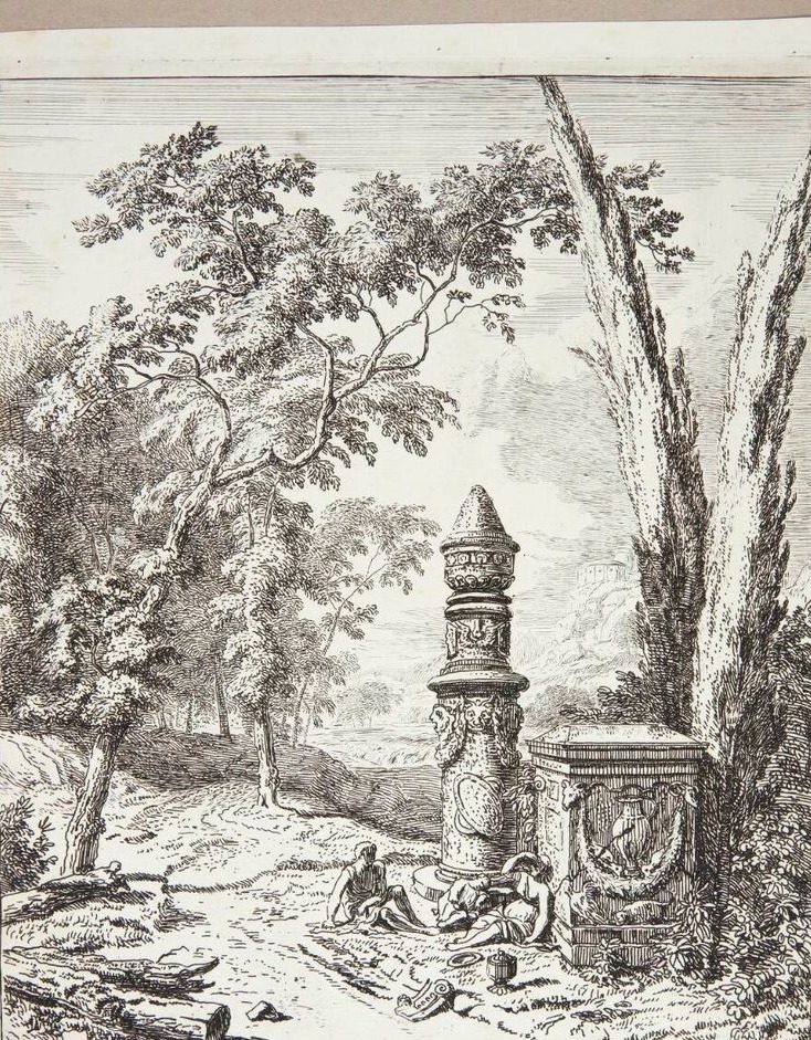 Landskab med figurer, der gør holdt ved et gravmonument by Albert Meyering