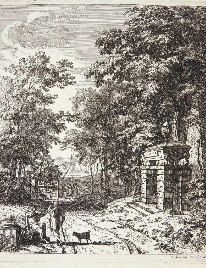 To vejfarende ved et gravmonument by Albert Meyering