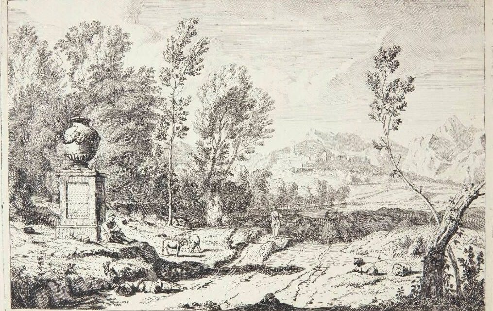 Fløjtespillende hyrde ved et monument by Albert Meyering