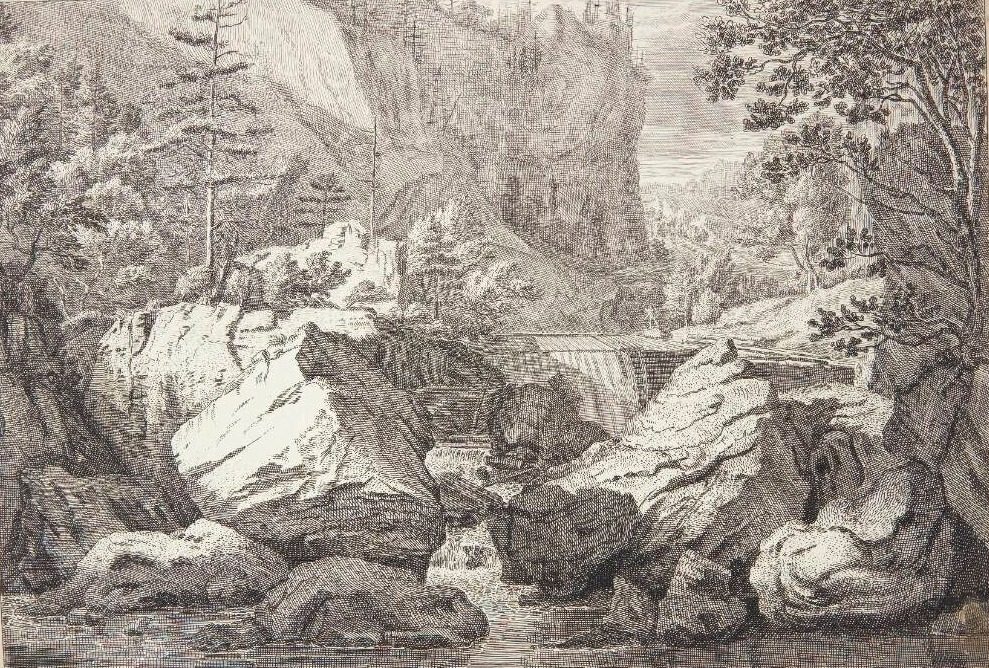 Udsigt over en dal med et vandfald by Johannes Glauber