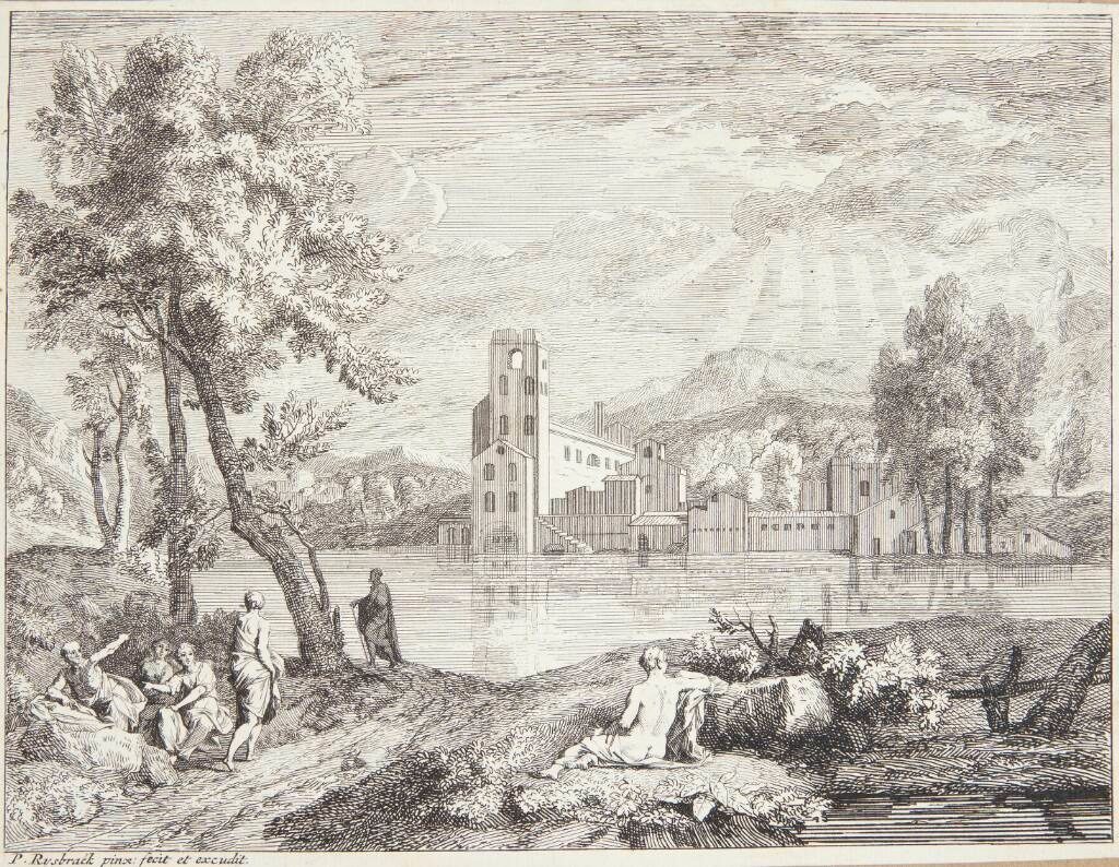 Mennesker på en flodbred, i baggrunden et kloster by Pieter Rijsbraeck