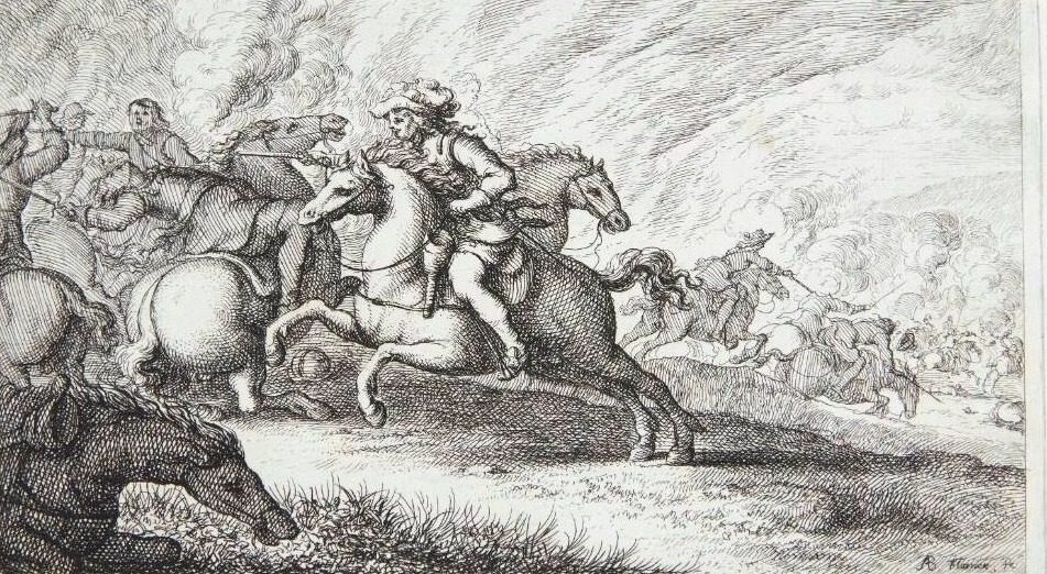 Rytterfægtning med en rytter, der dræber en fjende med en pistol by Albert Flamen