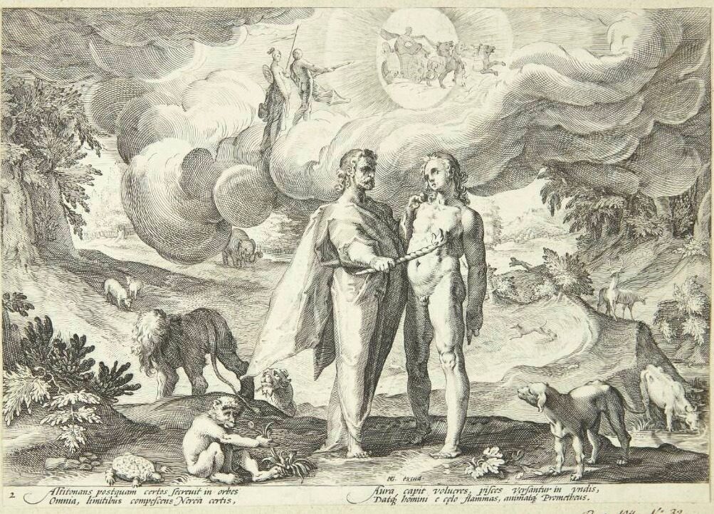 Prometheus skaber mennesket og giver det liv med ild fra himlen by Ubekendt