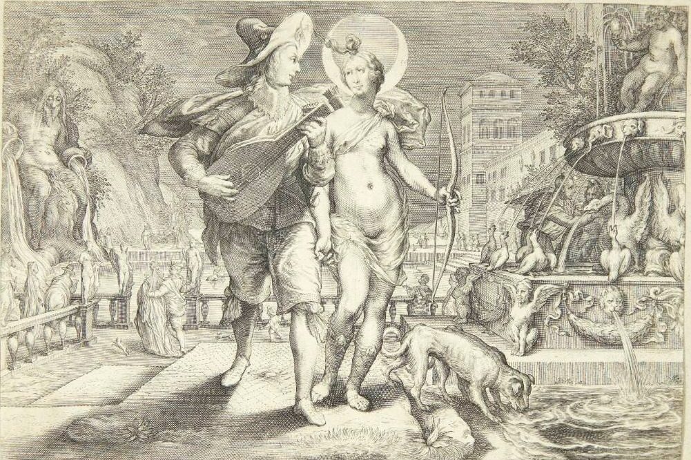 Diana som Luna ledsaget af en ung musiker by Jacob Matham