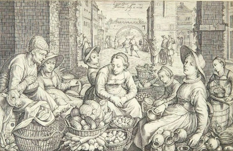 Markedsscene i en by by Jacob Matham