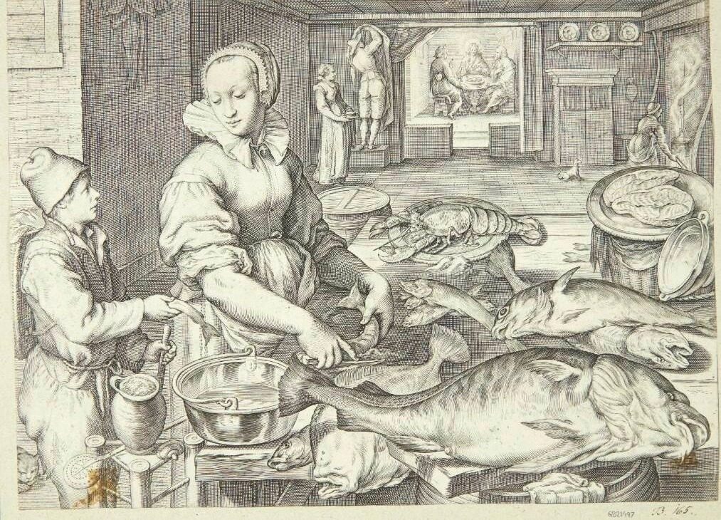 Køkkenscene med en køkkendame, der renser fisk by Jacob Matham