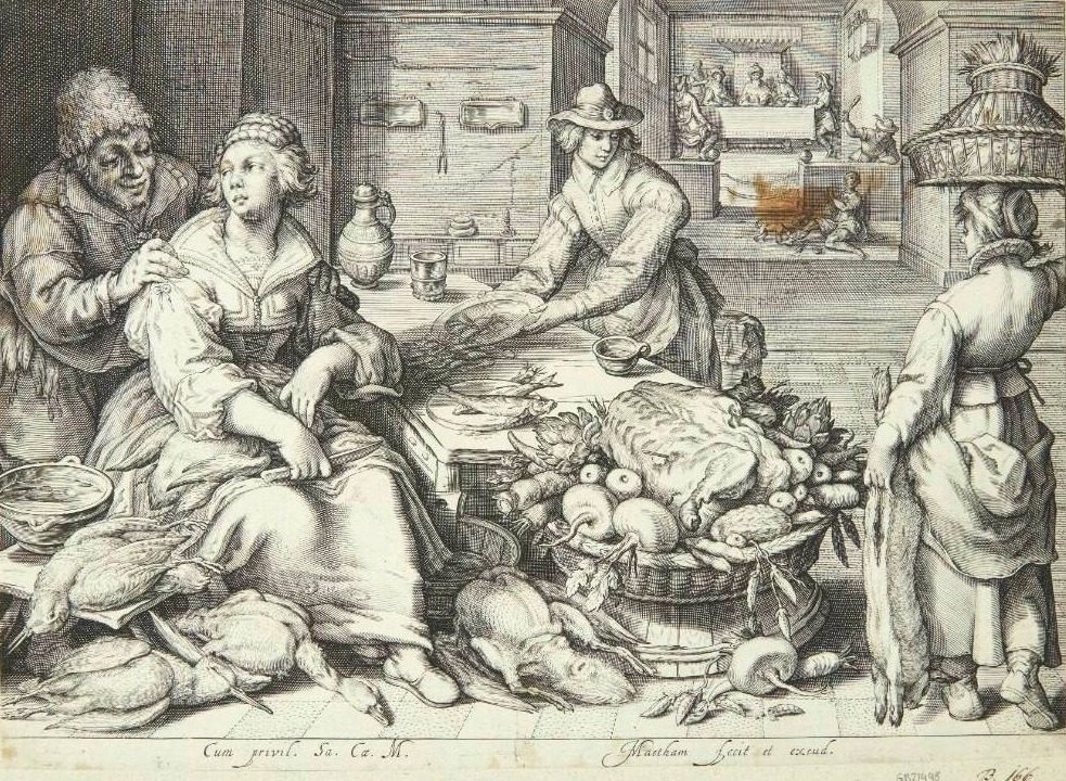 Køkkenscene med en køkkendame, der plukker fjerkræ by Jacob Matham