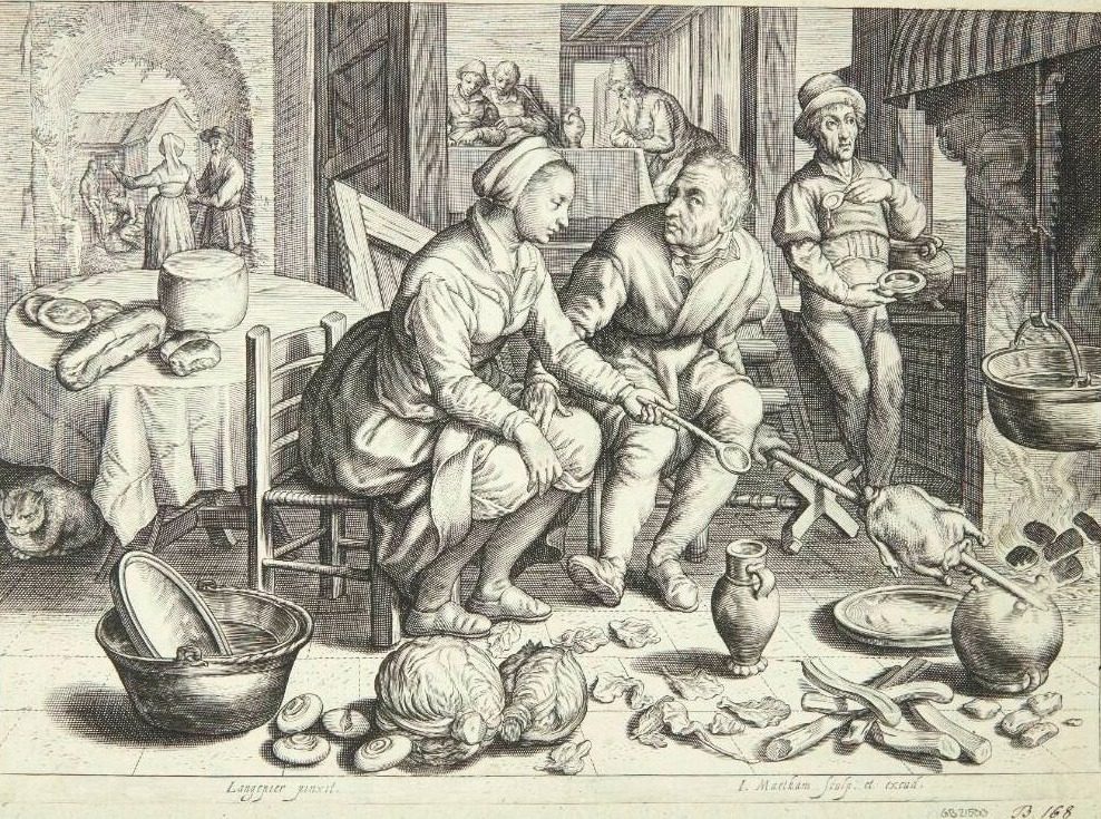 Køkkenscene med en mand og en kvinde, der steger en kylling by Jacob Matham