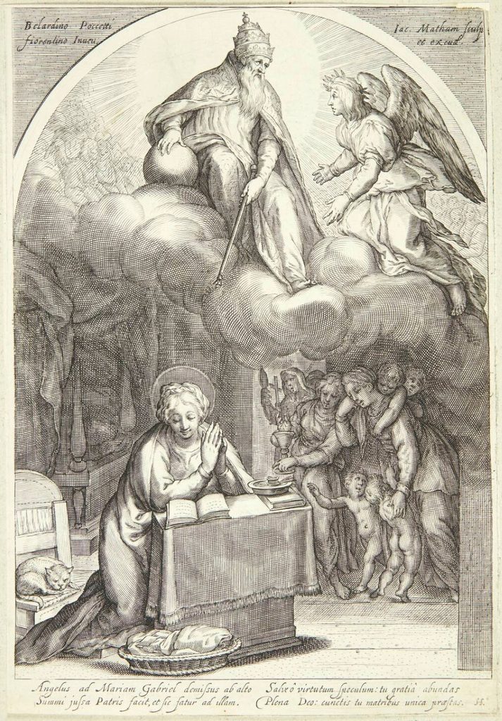 Herren og Gabriel imødeser bebudelsen, Maria knælende forneden by Jacob Matham