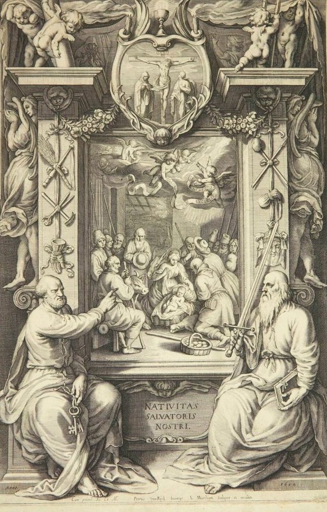 Hyrdernes tilbedelse med Peter og Paulus i en allegorisk ramme by Jacob Matham