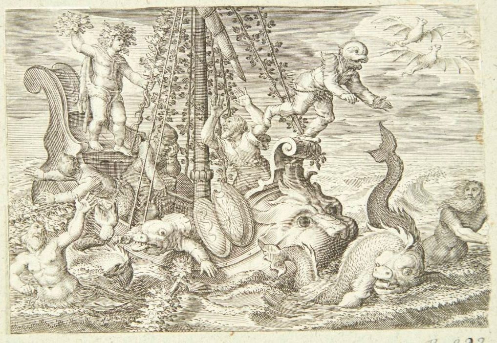 De tyrrhenske sømænd bliver forvandlet til delfiner by Jacob Matham