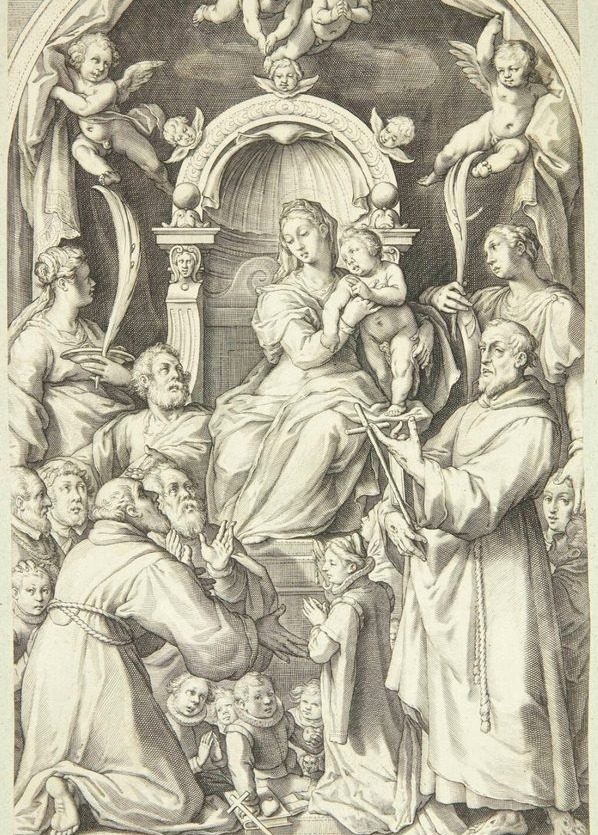 Maria og barnet med donorer og helgener (Sankta Lucia, Katarina af Alexandria, Frans af Assisi og medlemmer af Zuccaro-familien) by Jacob Matham
