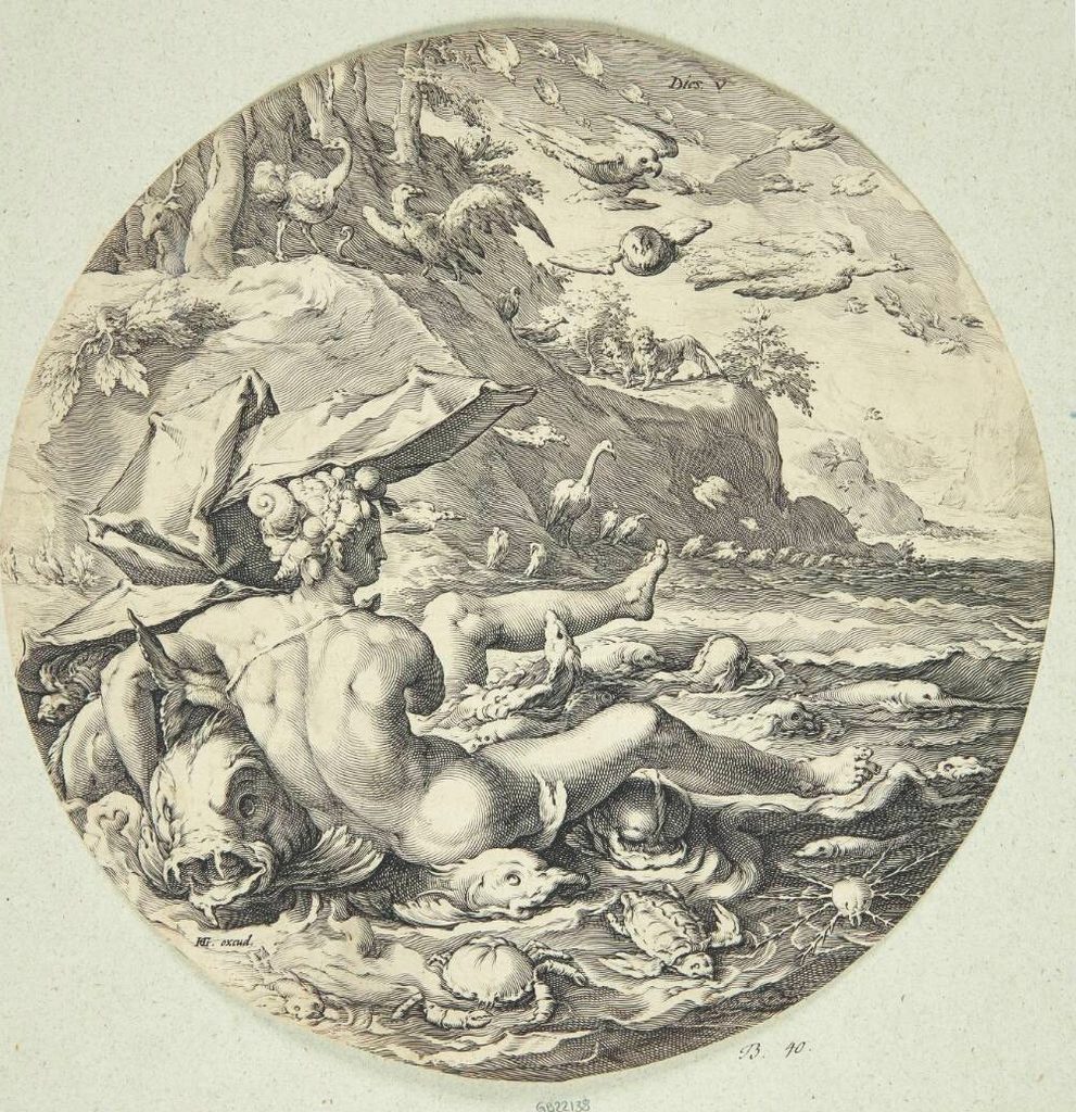 Gud skaber fiskene og fuglene (Dies IV) by Jan Harmensz. Muller