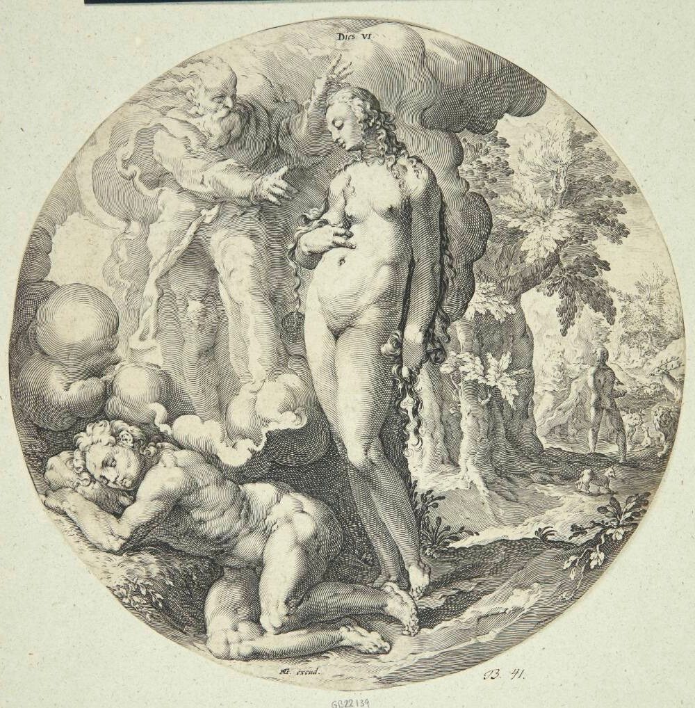 Gud skaber landdyrene og menneskene (Dies VI) by Jan Harmensz. Muller