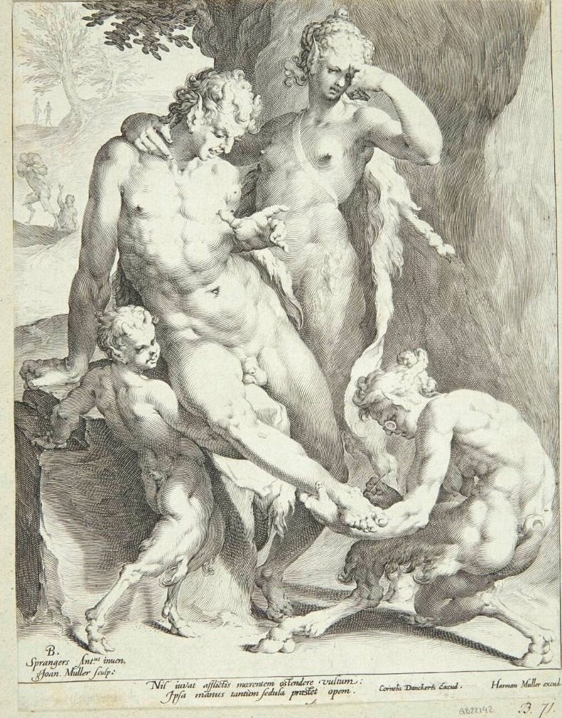 Oreader fjerner en torn fra en satyrs fod by Jan Harmensz. Muller