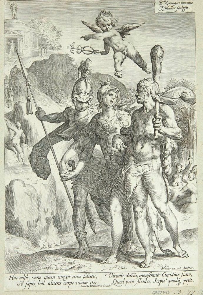 Herakles med Mars, Minerva og Amor, der viser den stenede vej til de udødeliges tempel by Jan Harmensz. Muller