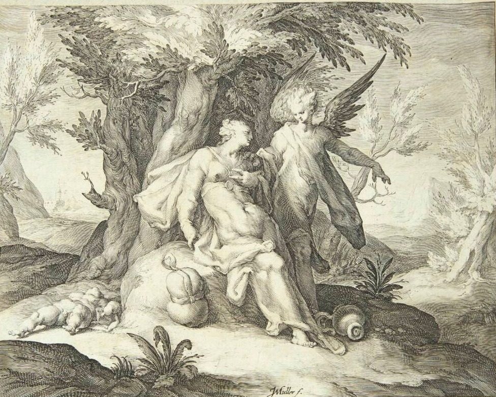 Hagar bliver trøstet af en engel i ørkenen by Jan Harmensz. Muller