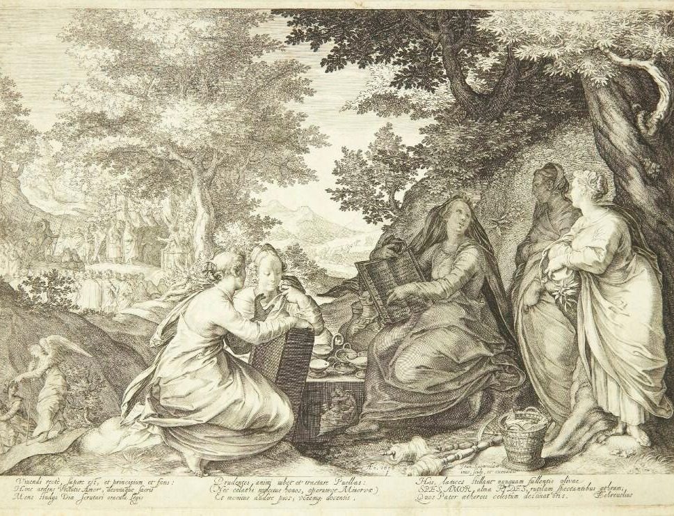 De forstandige jomfruer samlet i et landskab, i baggrunden Johannes Døberen, der prædiker by Jan Saenredam