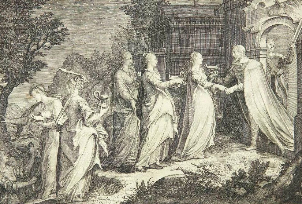 De forstandige jomfruer modtages af Herren by Jan Saenredam