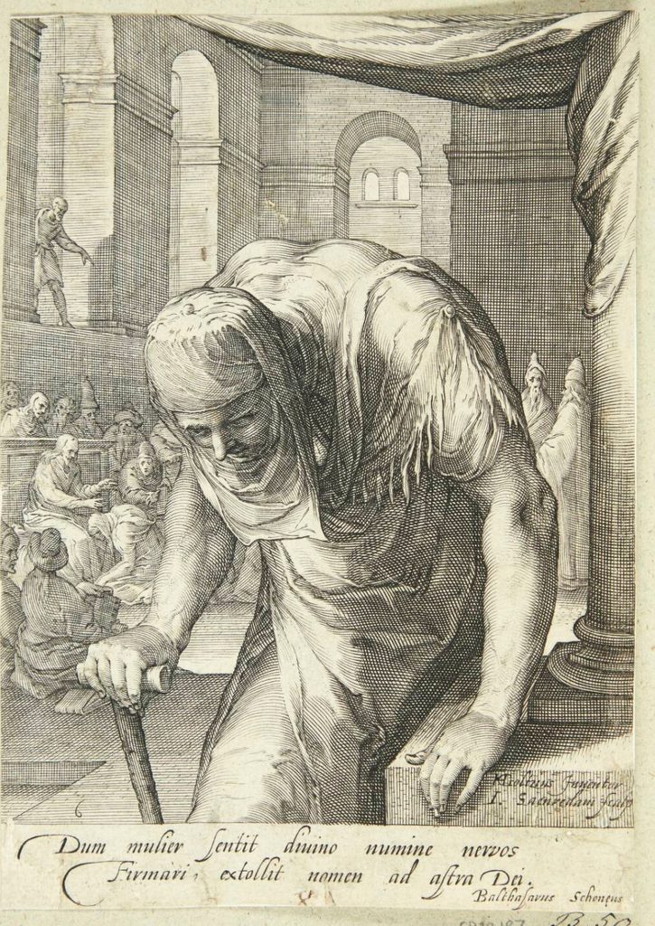 Den forkrøblede gamle dame, som helbredes af Jesus by Jan Saenredam