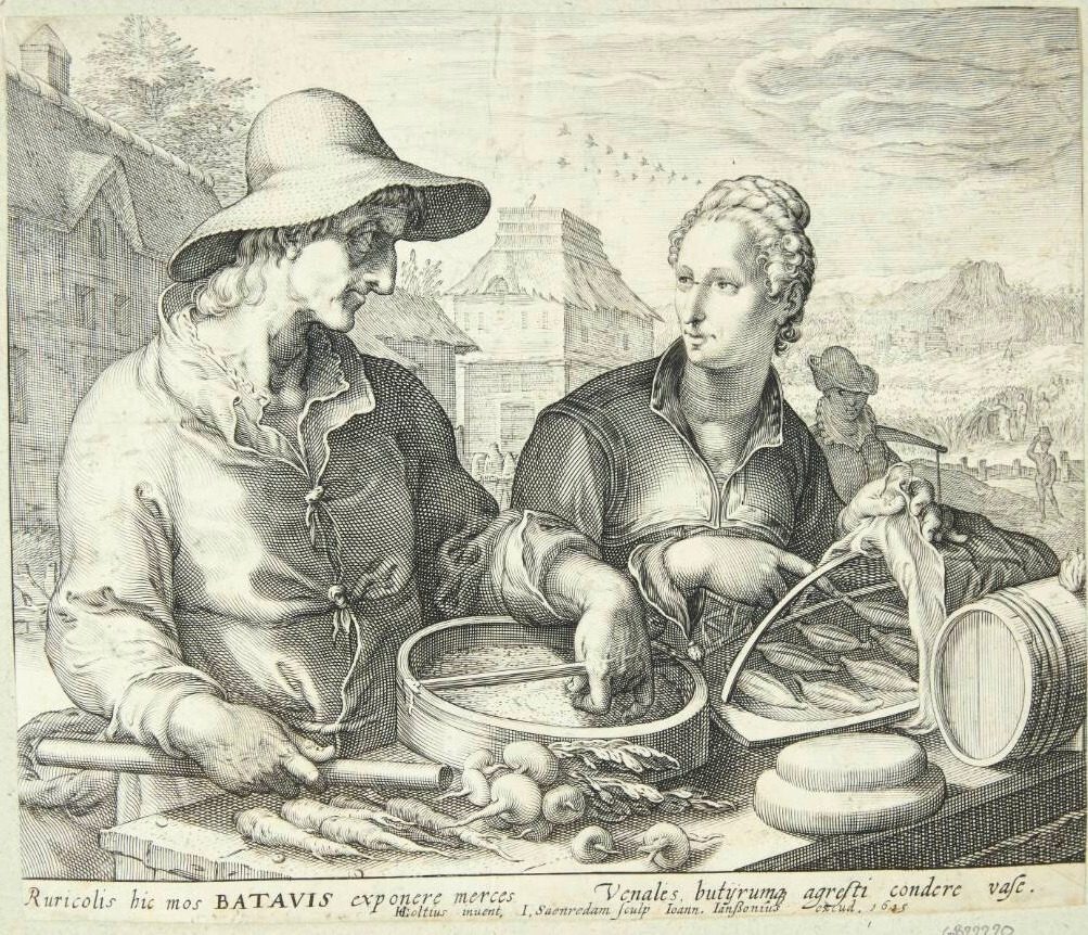 En bonde og bondekone ved en markedsbod by Jan Saenredam