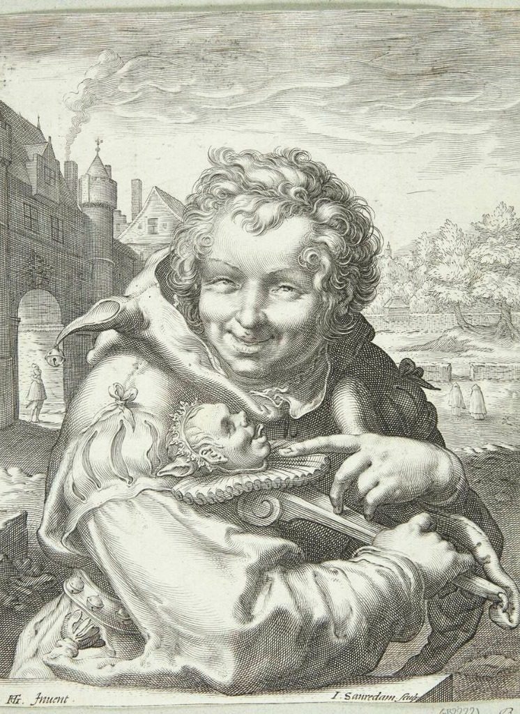 Leende nar med en marotte by Jan Saenredam