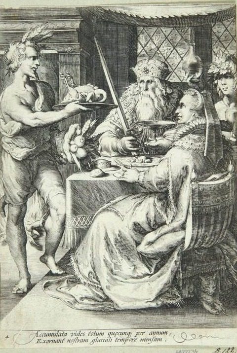 Bakkus serverer for et ældre par. Vinter by Jan Saenredam