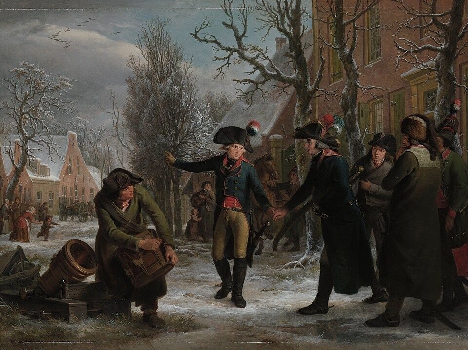 Lieutenant-colonel C.R.T. Krayenhoff taking his leave of General Daendels on his departure from Maarssen to Amsterdam to overthrow the Amste by Adriaan de Lelie / Egbert van Drielst