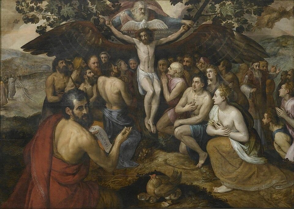 Jésus Christ, fils de Dieu, rassemblant et protégeant l'humanité par son sacrifice sur la croix Trinity by Frans Floris