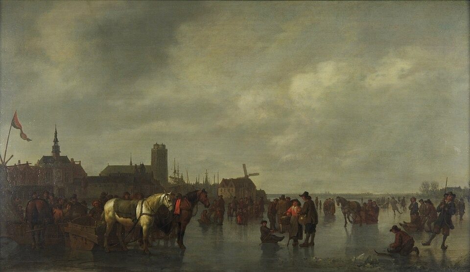 Scene on the Ice outside Dordrecht by Abraham van Calraet