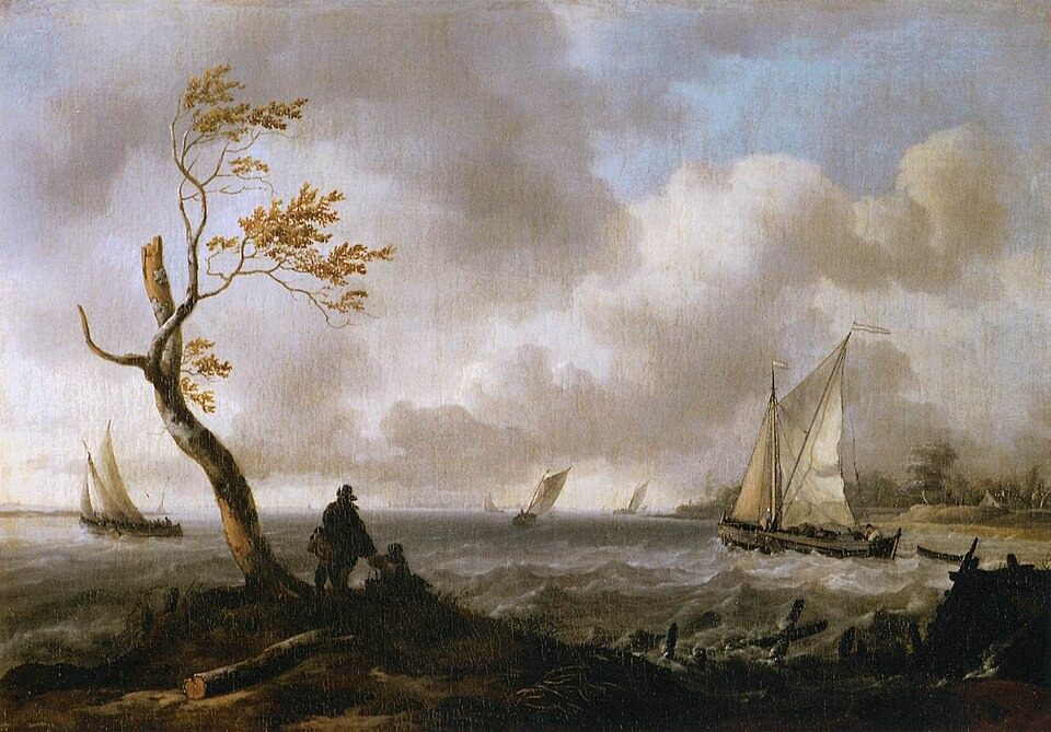 Riviergezicht met enige zeilboten; links in de voorgrond enige mensen naast een boom Fishing Boats and Coasting Vessel in Rough Weather by Ludolf Bakhuizen