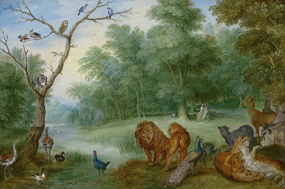 Het paradijs met de zondeval van Adam en Eva Paradise with the Fall of Adam and Eve by Possibly Jan Brueghel the Younger / After Jan Brueghel the Elder