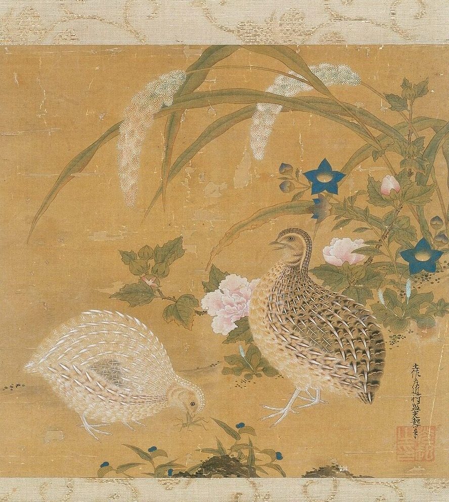 Kwartels, krekel, gierst en bloemen by Tosa Mitsuoki