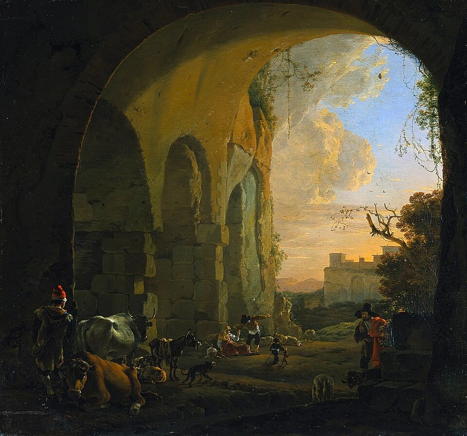Herders met vee rustend onder de gewelven van het Colosseum te Rome. by Jan Asselijn
