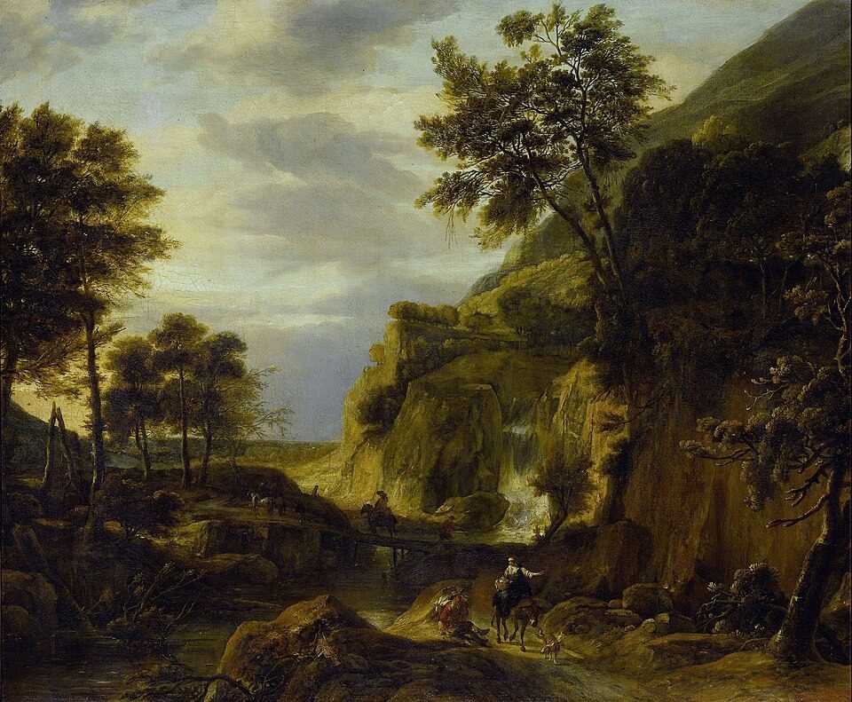 Berglandschap met waterval by Roelant Roghman