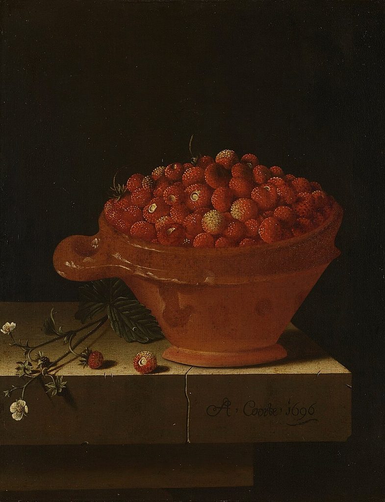 Een bakje aardbeien op een stenen plint by Adriaen Coorte