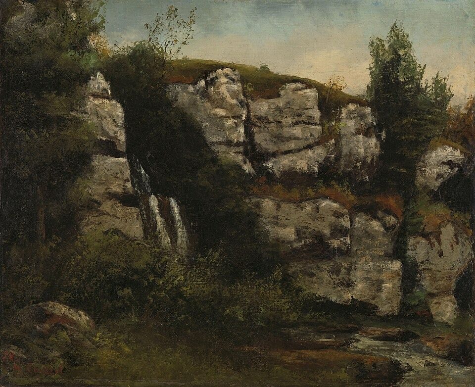 Landschap met rotsen en waterval by Gustave Courbet