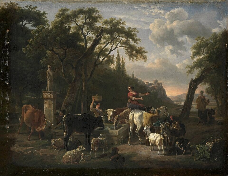 Italiaans landschap met herders en vee bij een drenkplaats by Jean Louis Demarne