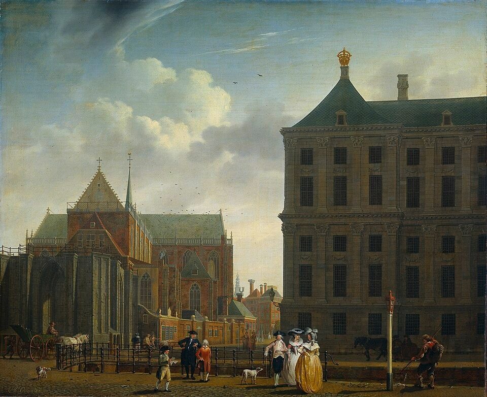 De Nieuwe Kerk en het stadhuis op de Dam in Amsterdam by Isaac Ouwater
