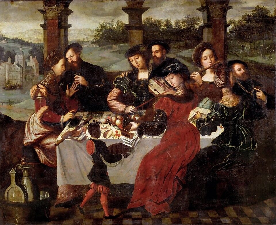 Musical company around a table in a garden by Workshop of Ambrosius Benson